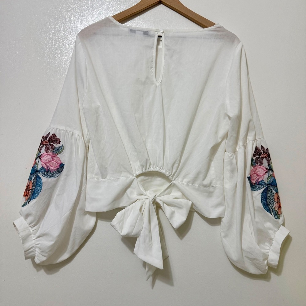 Favlux Boho Floral Embroidery Cropped Blouse Balloon Sleeve Tie Back White L